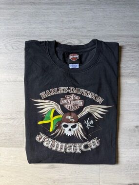 Harley-Davidson Black Tee with Green and Yellow Jamaican Flag Skull Graphic